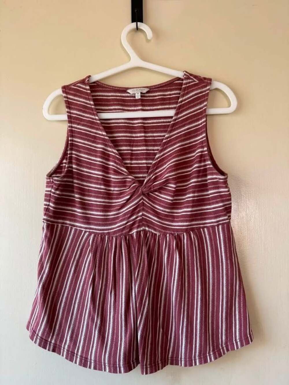 Lucky Brand Dusty Rose & White Striped Twist Front Peplum babydoll Tank Size M